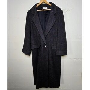 VTG La Vogue 100% Wool Long Coat Herringbone Tweed Speckled Gray Black Red Chain